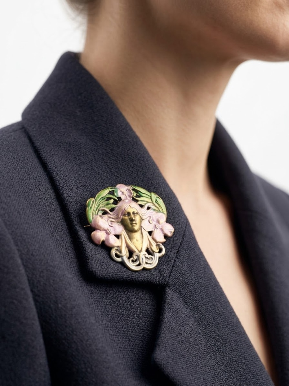 Art Nouveau Pink & Green Floral Woman Brooch